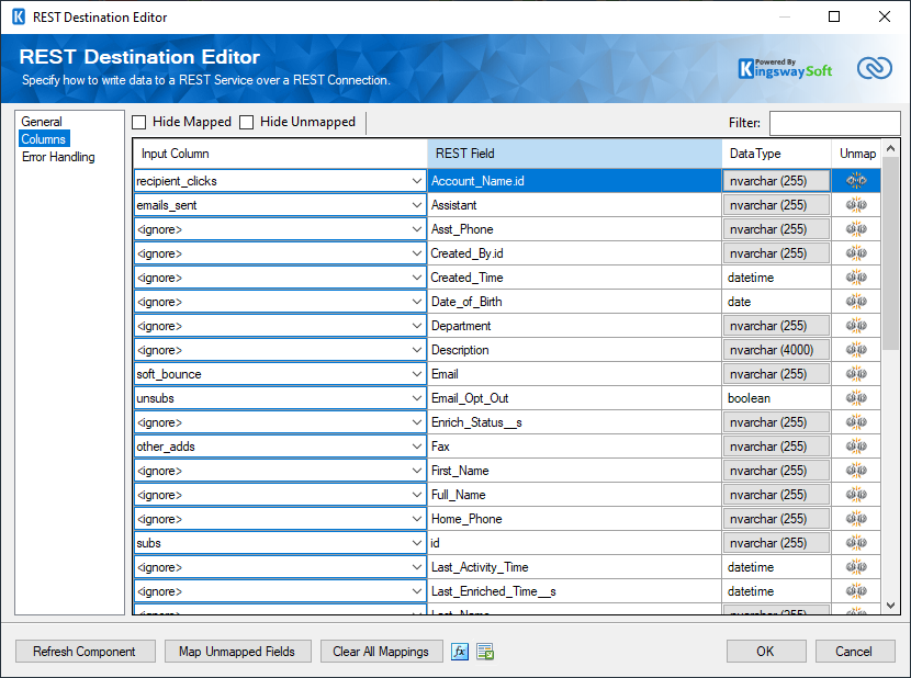 SSIS Zoho CRM Destination Component - Columns